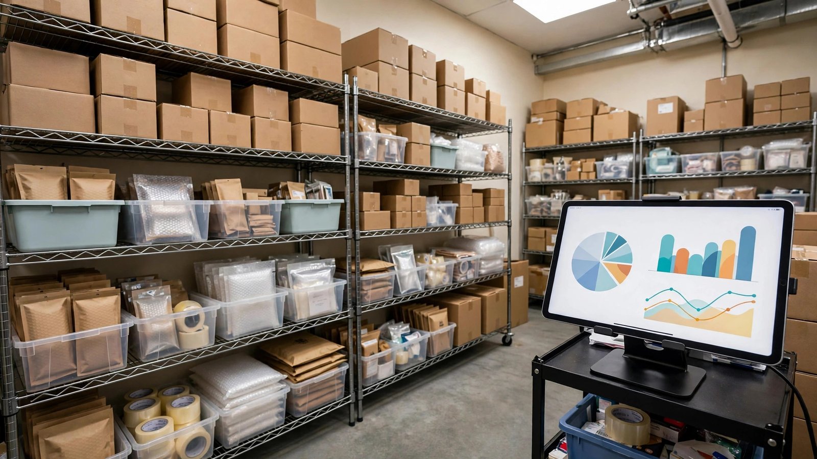 Storeroom shelves of packed products with a tablet showing inventory charts