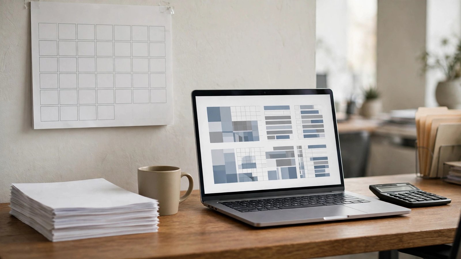 Month-end closing scene with a wall calendar, invoices and a reconciliation table on a laptop