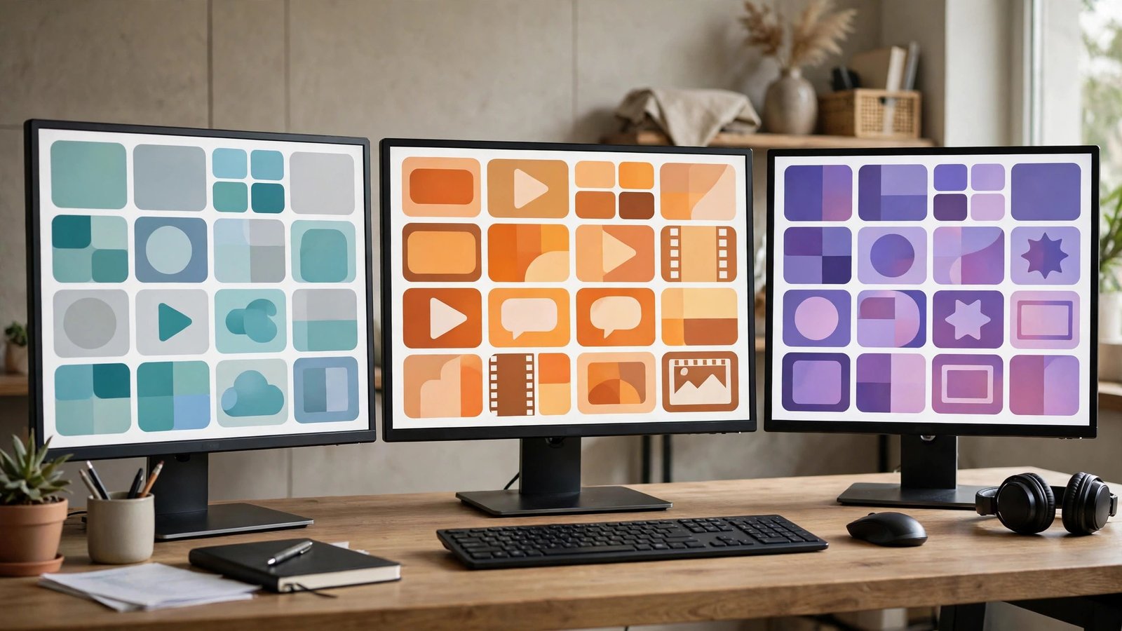 Three screens with different abstract app tile grids, a categorized list of digital tools