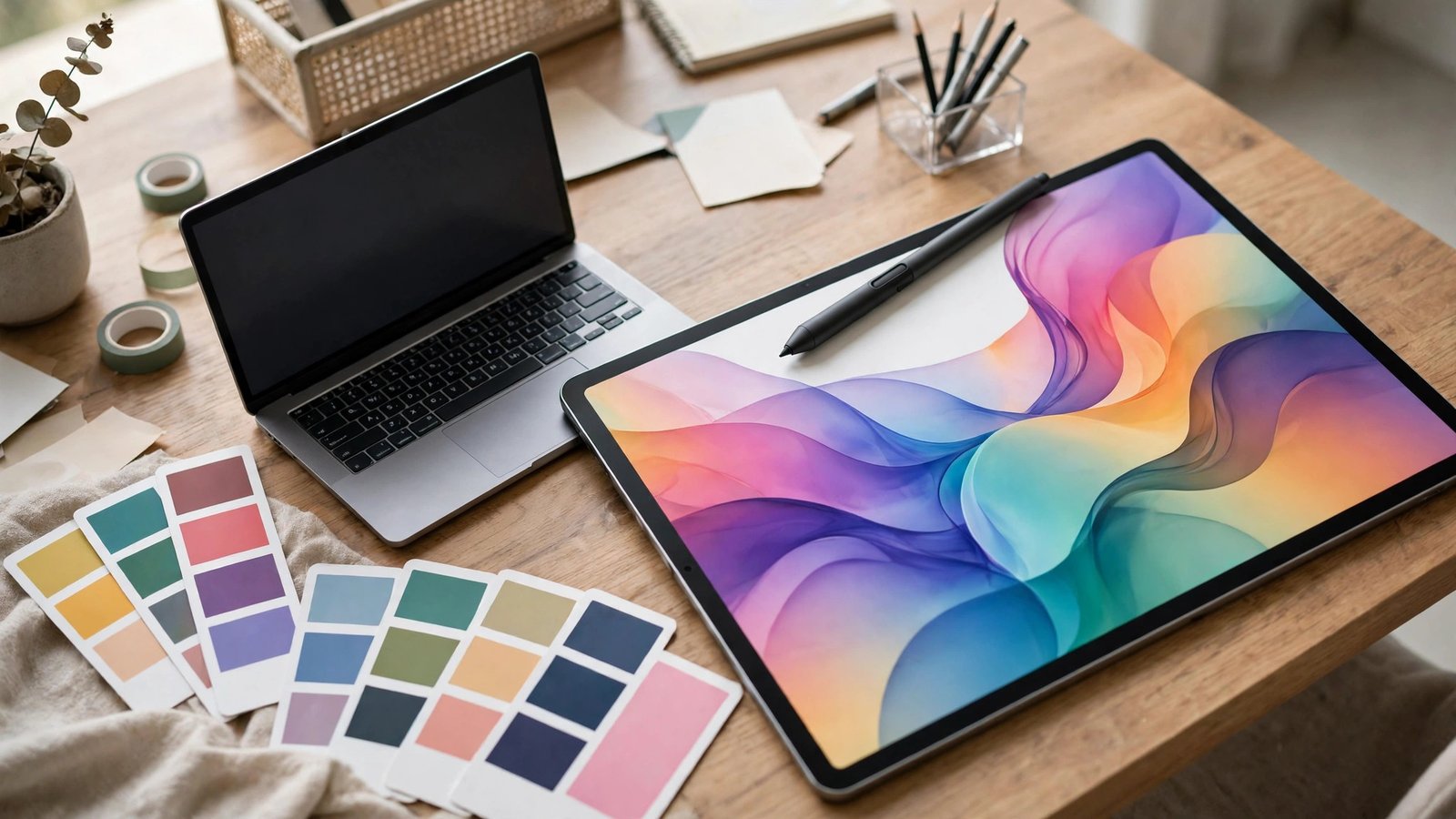 Tablet with colorful abstract artwork shapes and a stylus on a creative desk