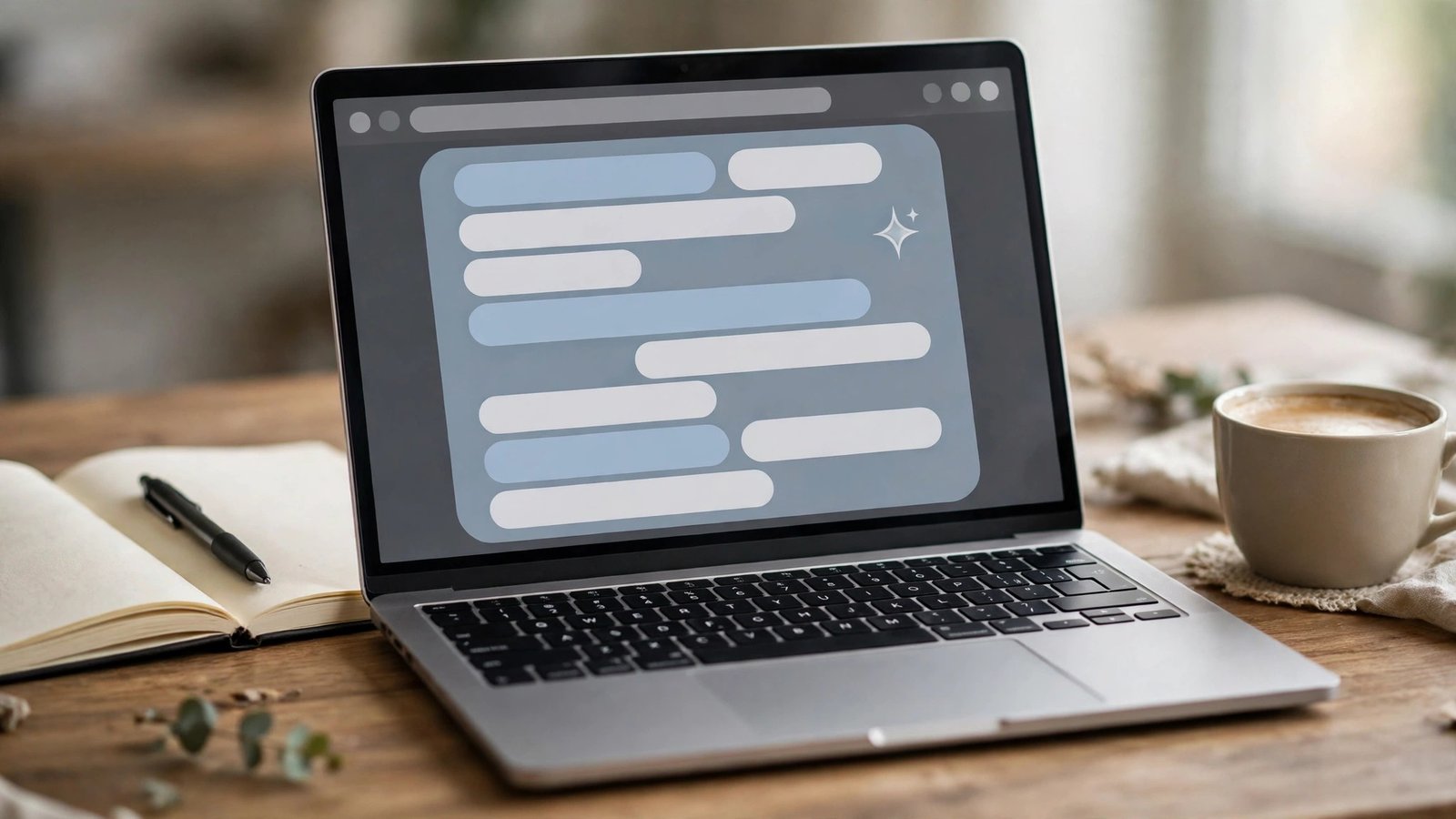 Laptop with an abstract AI chat window of message bubbles beside a notebook and coffee