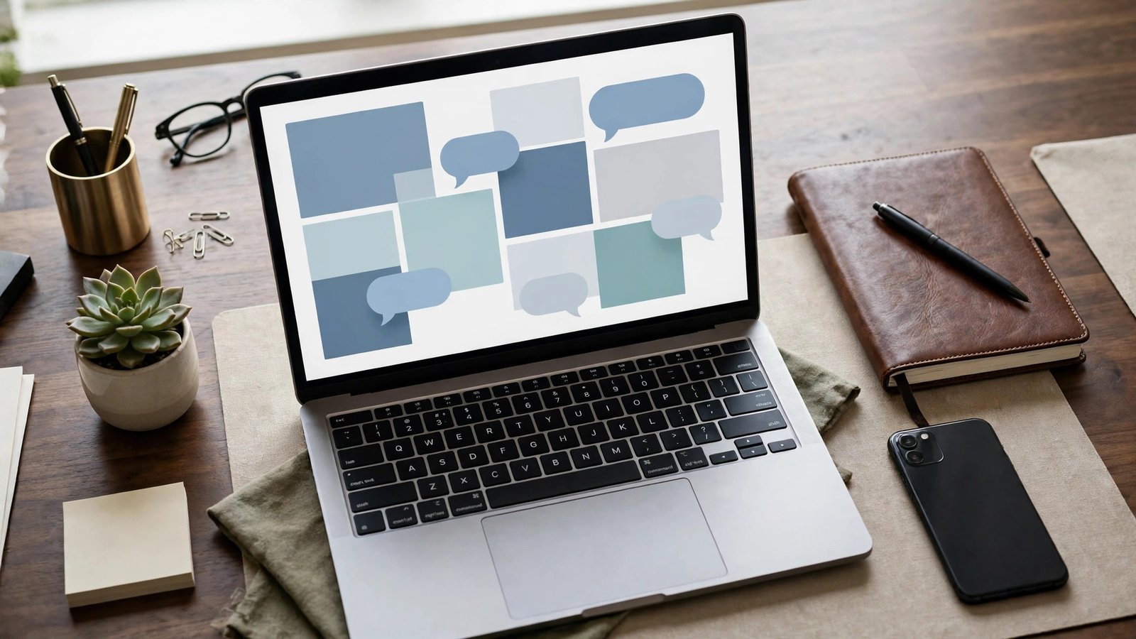 Executive desk with a laptop showing calendar blocks and chat bubbles, an ai assistant for productivity keeping the day organized