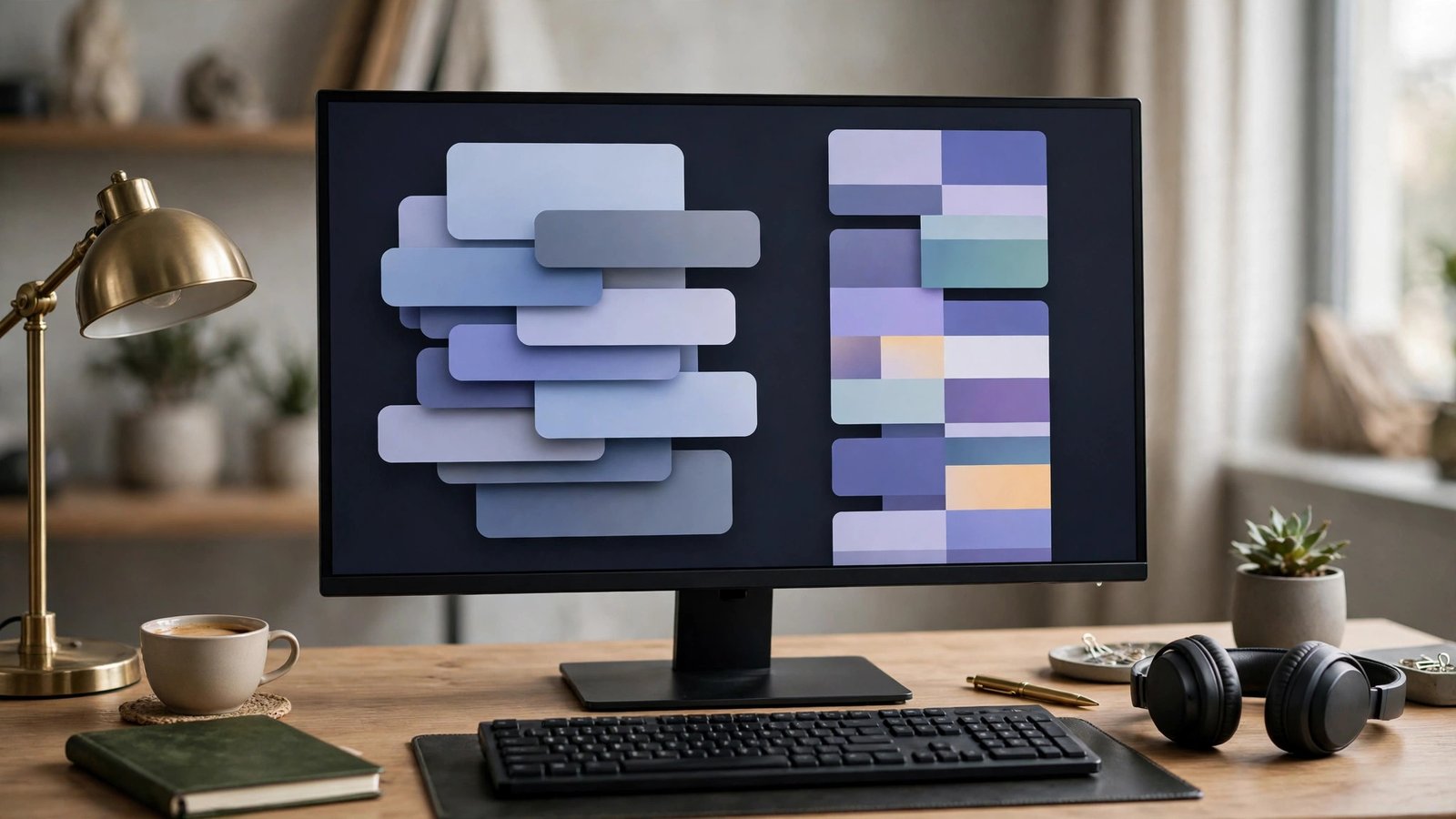 Monitor with an abstract inbox and calendar column, an assistant managing email and schedule