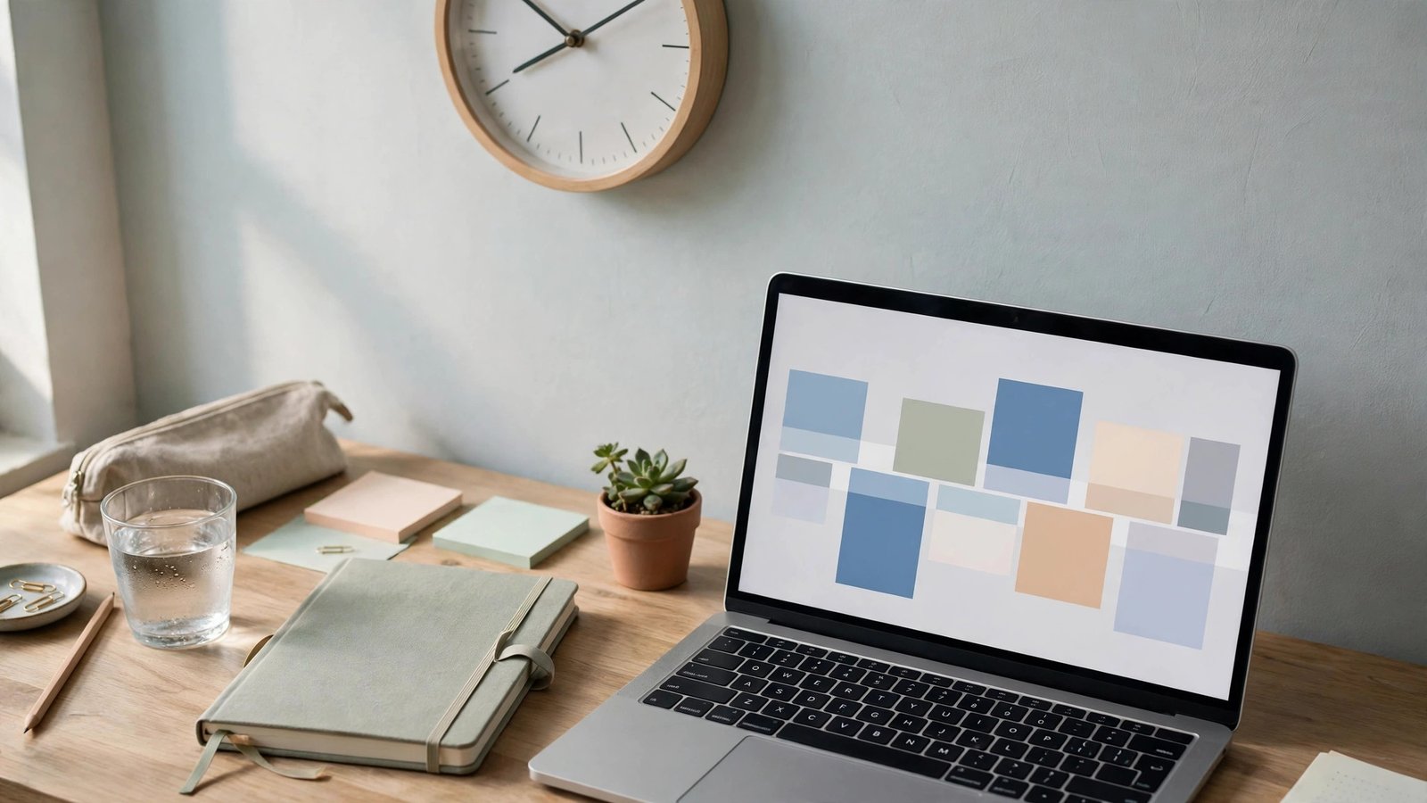 Morning desk with a wall clock and a laptop showing the day's schedule blocks