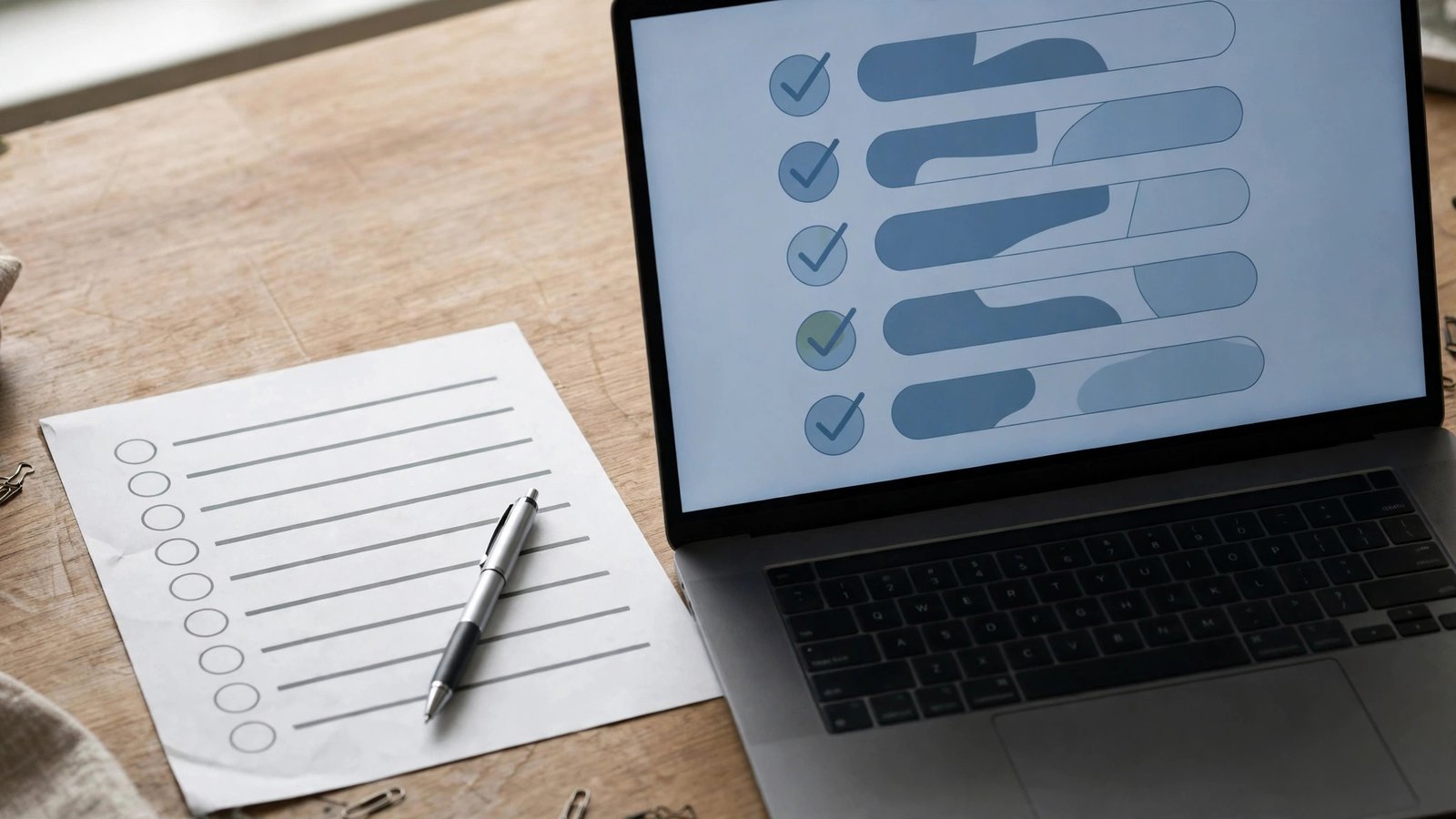 Laptop showing an instruction list with checkmarks beside a printed checklist and pen